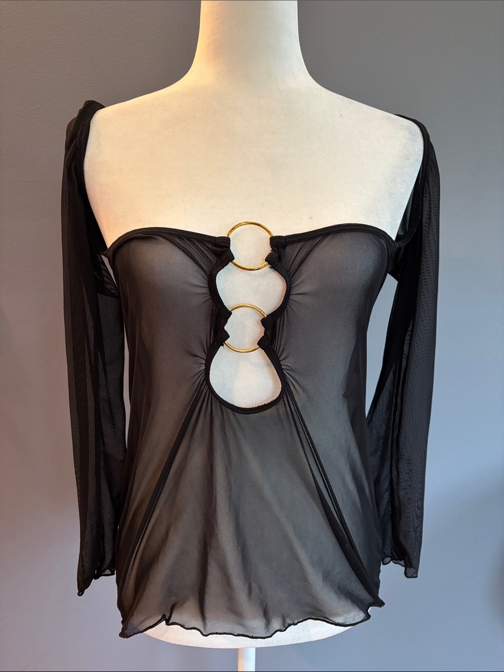 Sheer Black Mesh Top or Swimsuit Coverup with Gold Ring Accents